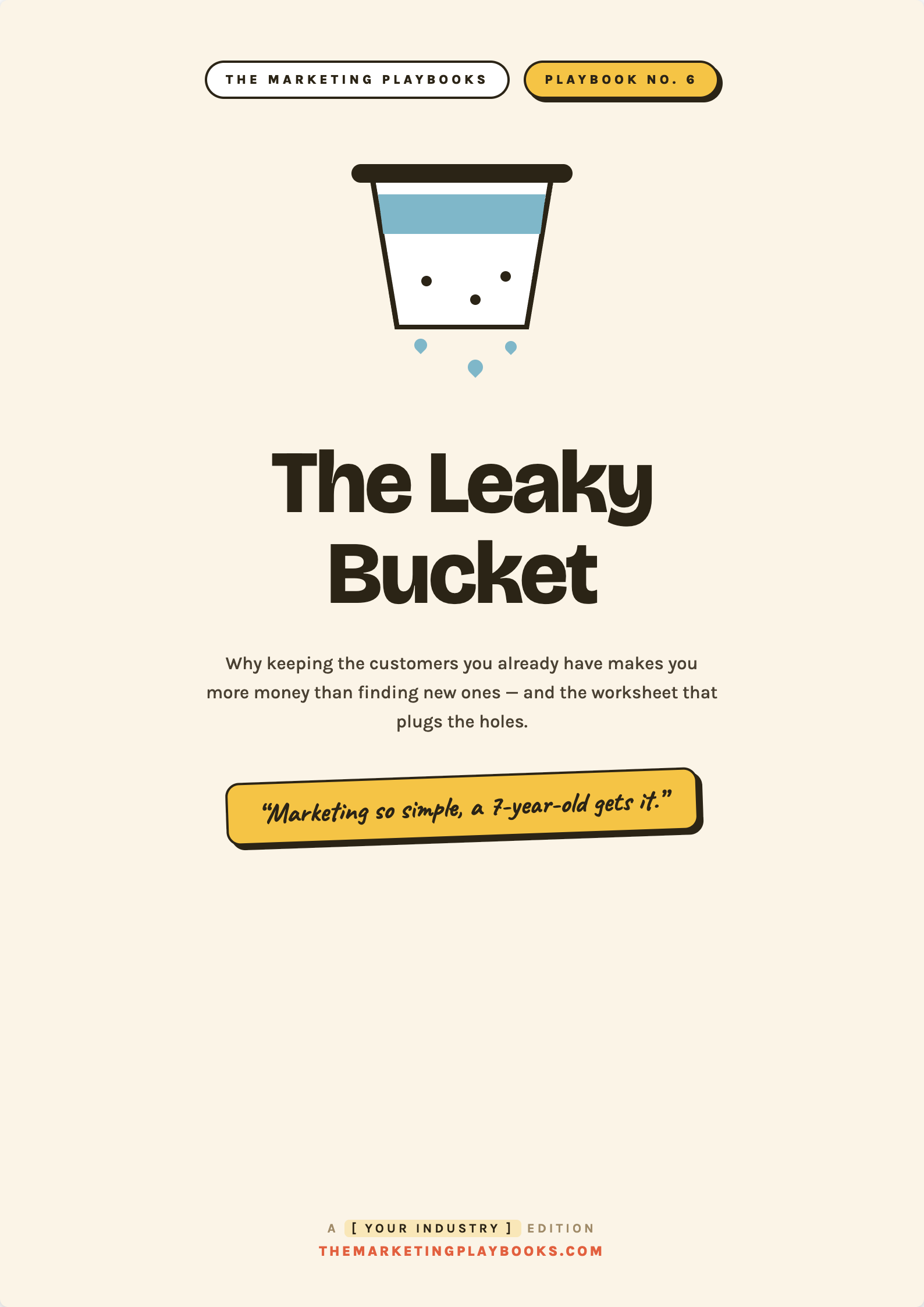 The Leaky Bucket playbook cover — a six-page customer retention worksheet