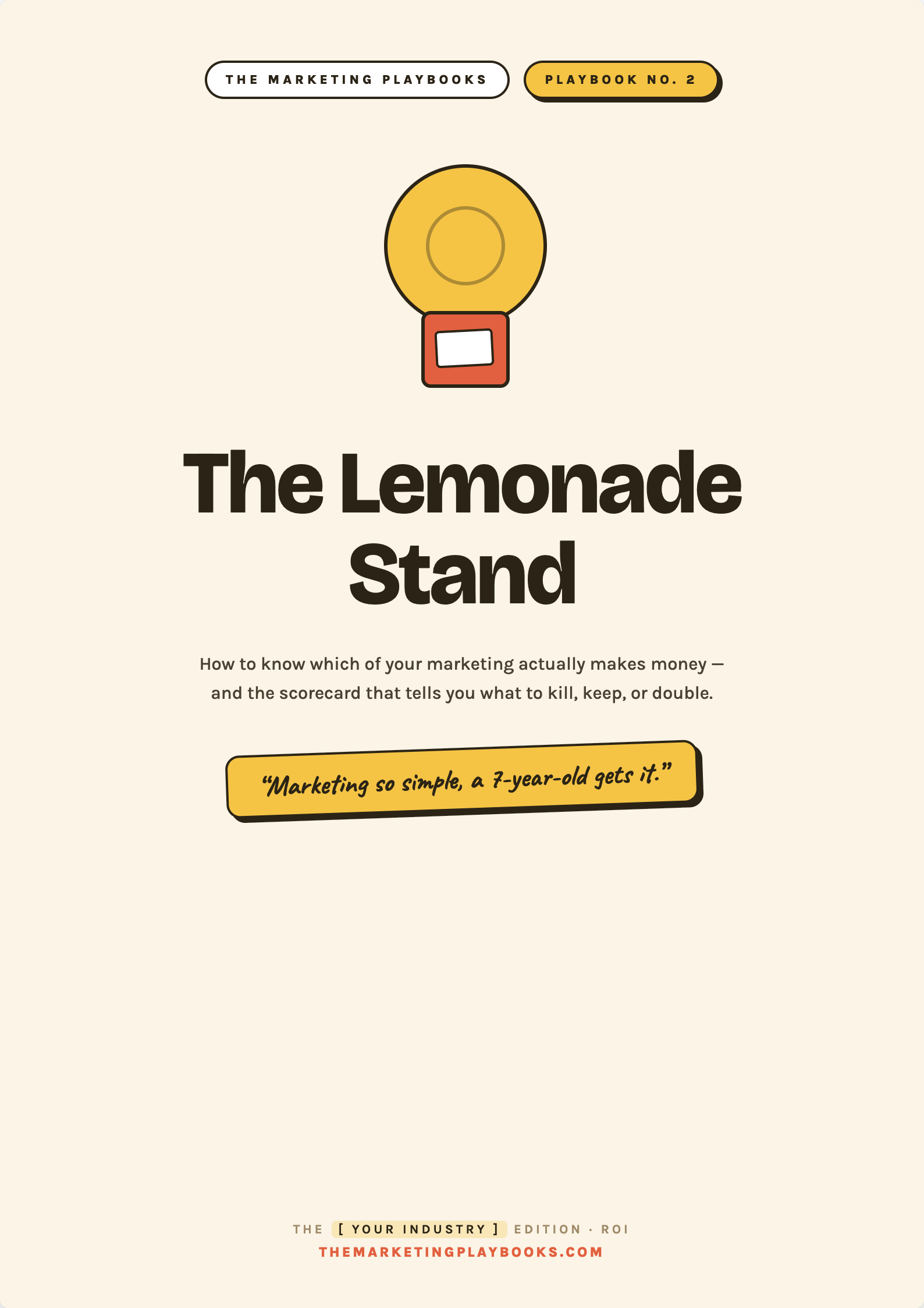 The Lemonade Stand playbook cover — a six-page marketing ROI worksheet